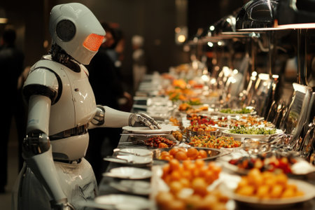 A humanoid robot skillfully arranges dishes at a colorful buffet during an evening event.の写真素材