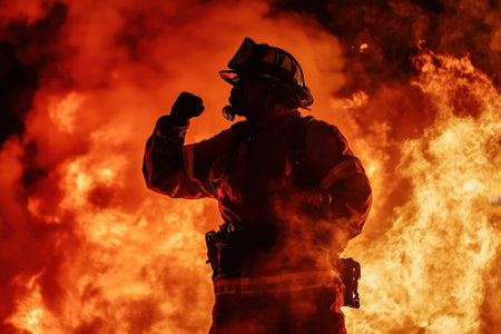 A firefighter confidently poses with raised fist as fierce flames blaze around, showing bravery and determination.の写真素材