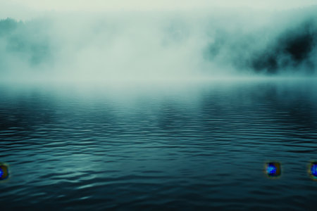 Soft fog blankets a peaceful lake in the early morning light, creating a tranquil and calming environment.の写真素材