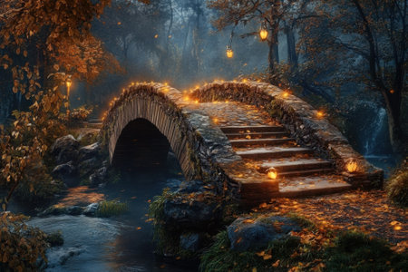 A luminous stone bridge glows under lantern light, surrounded by autumn foliage and a serene waterway.の写真素材
