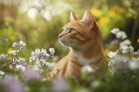 A calm orange cat observes its surroundings while nestled in colorful flowers during late afternoon light.の写真素材