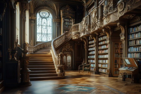 An elegant library adorned with intricate woodwork, large windows, and a sweeping staircase invites exploration.の写真素材