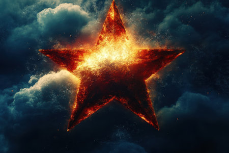 A bright, burning star illuminates the sky, surrounded by swirling dark clouds, creating an intense contrast.の写真素材