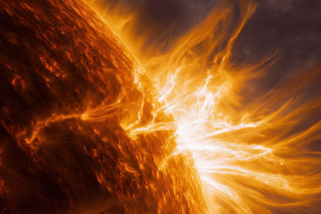 Bright solar flares erupt from the sun's surface, illuminating the surrounding space with dynamic energy.の写真素材