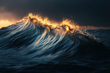 Waves crest and shimmer with golden light as the sun sets behind dark clouds over the ocean.の写真素材