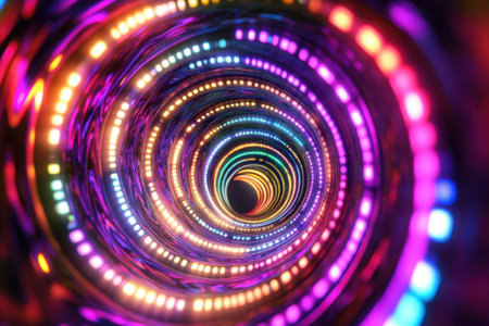A vibrant spiral of multicolored lights captivates the viewer with its dynamic pattern and depth.の写真素材