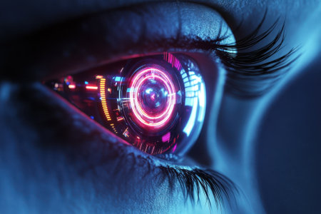 Close-up of a human eye showing vibrant glowing technology with intricate neon patterns and colors.の写真素材