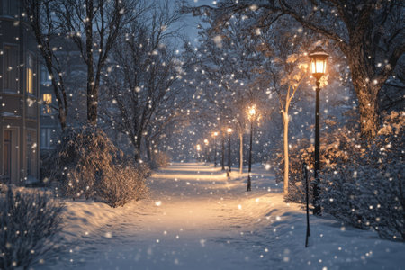 A peaceful winter night features falling snow over a serene street lined with illuminated lamps and trees.の写真素材
