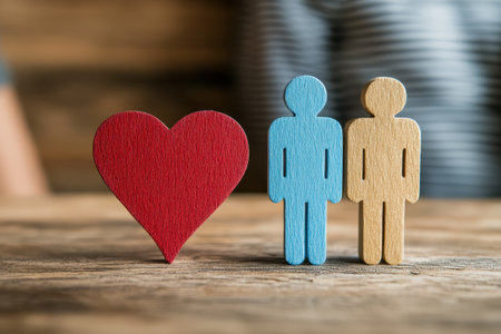 Two colorful wooden figures and a red heart represent love and connection on a wooden tabletop.の写真素材