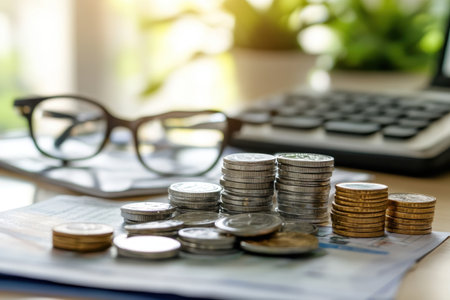 Coins are neatly stacked on financial documents with a calculator and glasses nearby during daylight.の写真素材