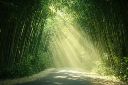Soft beams of sunlight illuminate a serene pathway surrounded by lush bamboo, creating a tranquil atmosphere.の写真素材