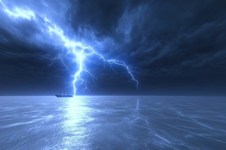 A fierce storm brews over the ocean with lightning illuminating the sky and a ship in the distance.の写真素材