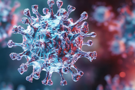 Close-up view of a virus showing its spiky surface and complex structure against a colorful backdrop.の写真素材
