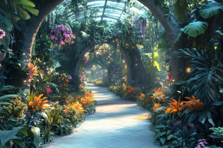 A lush tropical garden pathway features various colorful flowers and enchanting soft lighting among greenery.の写真素材