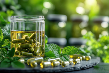 Glass jar filled with herbal capsules next to fresh mint on a wooden surface, showing natural wellness.の写真素材