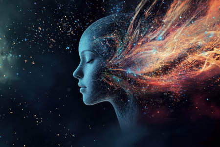 A serene face blends with cosmic elements, illustrating a harmony between imagination and the universe.の写真素材