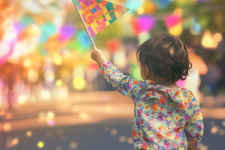 A young child joyfully waves a bright flag while surrounded by festive decorations and lively colors.の写真素材