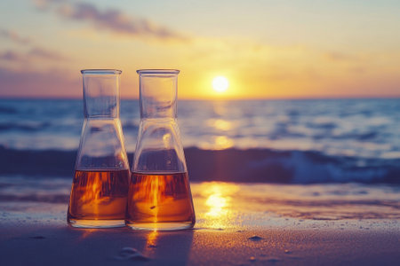 Glass flasks filled with golden liquid rest on the shore as the sun sets over the calm ocean waves.の写真素材