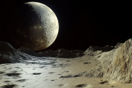 Vast rocky surface under a large moon, featuring craters and shadows, suggesting an alien world at night.の写真素材