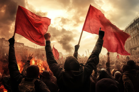 A crowd of demonstrators raises red flags while gathering in an urban area at sunset, creating a powerful atmosphere.の写真素材