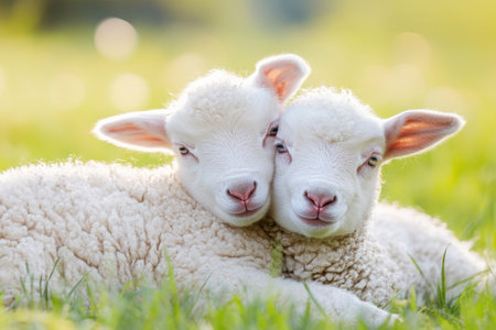 Two adorable lambs relax side by side in a grassy meadow, enjoying the warmth of a sunny day.の写真素材