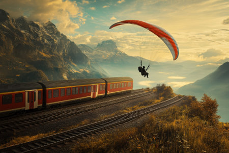 A paraglider glides gracefully through the air above a train traveling alongside a picturesque mountain vista.の写真素材