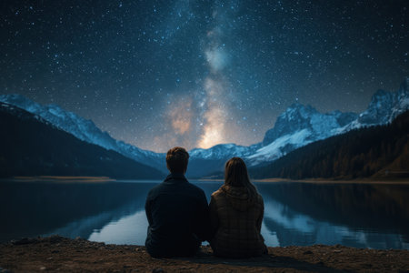 A couple gazes at the starry sky reflected on a peaceful mountain lake surrounded by majestic peaks.の写真素材