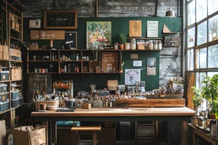 A vibrant workspace showcases various art supplies and tools, inspiring creativity and artistic expression.の写真素材