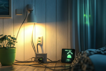 A well-lit corner of a room features smart devices, a green plant, and warm lighting creating a relaxing atmosphere.の写真素材