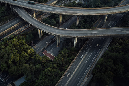 Aerial view of multiple highway overpasses weaving through a city, surrounded by greenery, at night.の写真素材