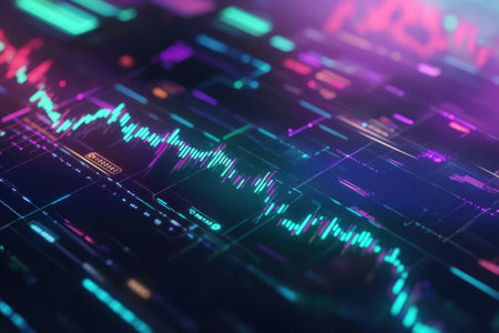 Data points and vibrant graphs showcase stock market trends during a digital analysis session.の写真素材