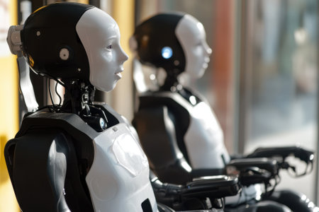 Two sleek humanoid robots sit in an urban setting, showcasing technological innovation and progress.の写真素材