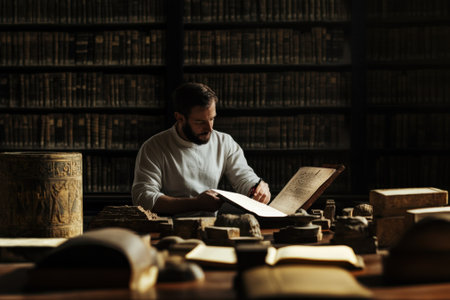 A researcher carefully examines old manuscripts on a wooden table in a historic library filled with books.の写真素材