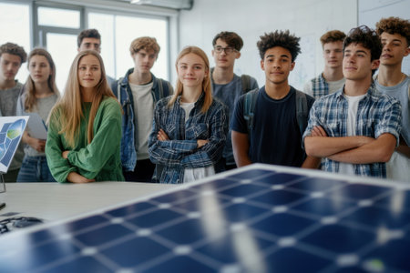 A group of students gather in a bright classroom, focused on a solar energy project demonstration.の写真素材
