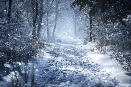 A serene winter forest path surrounded by snow-covered trees and gently falling snowflakes.の写真素材