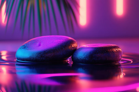 Two smooth stones rest on the surface of calm water, illuminated by vibrant neon lights in a serene setting.の写真素材