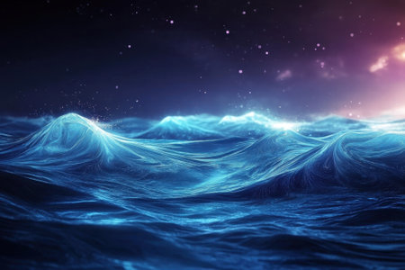 Gentle waves reflect twilight hues, creating a tranquil ocean atmosphere during dusk.の写真素材