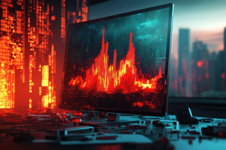 A monitor displays a fiery representation of a city skyline, creating a dynamic digital atmosphere at twilight.の写真素材