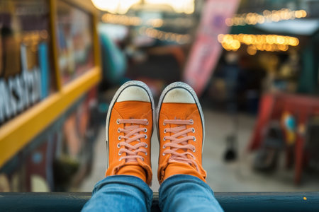 Vibrant orange sneakers are perched on a railing, overlooking a lively outdoor market filled with lights and activities.の写真素材