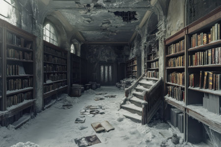 Dust and snow cover the floor of a derelict library, with shelves of old books lining the walls.の写真素材