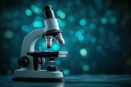 A sleek microscope stands ready for examination against a shimmering, soft-focus backdrop.の写真素材