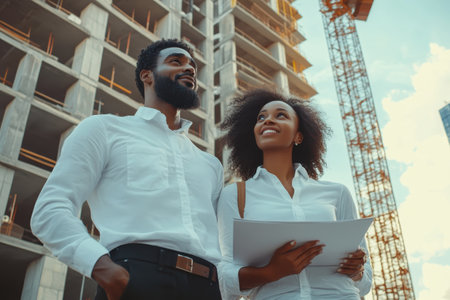 A man and woman review plans while smiling at the construction site of a tall building.の写真素材