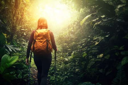 A person walks on a narrow trail surrounded by vibrant green foliage, enjoying nature at dawn.の写真素材