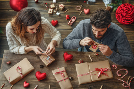 Couple enjoys wrapping presents on a wooden table adorned with festive decorations and hearts.の写真素材