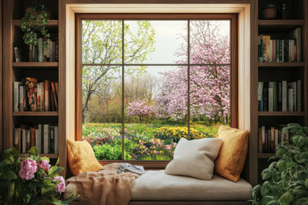A comfortable seating area overlooks a vibrant spring garden filled with blooming flowers and trees.の写真素材