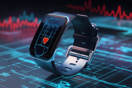 A smartwatch displays heart rate data on a digital screen with pulse graphs behind it, illustrating health tracking.の写真素材