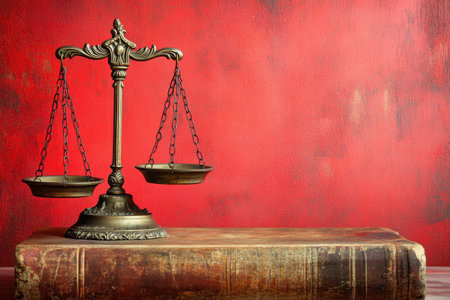 Brass scales of justice rest atop an antique book against a vivid red backdrop, symbolizing law and fairness.の写真素材