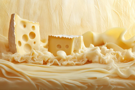 Selection of cheese types arranged on a creamy background, showing textures and shapes of dairy products.の写真素材
