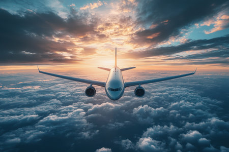 An airplane glides through the clouds, illuminated by a stunning sunset, creating a serene travel moment.の写真素材