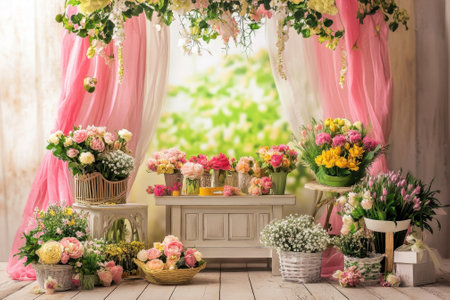 A charming floral display featuring colorful flowers in various arrangements, surrounded by delicate drapery.の写真素材